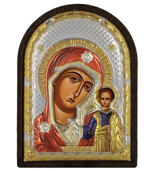 Ікона Казанська Божа Маріт 4,2х5,8см срібна на пластику покрита ємалью