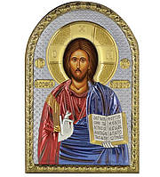 Икона Спаситель Иисус Христос 4,2х5,8см серебряная на пластику украшена разноцветной эмалью