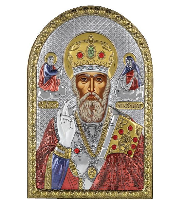 Ікона Миколай 4,2х5,8см срібна на пластику покрита ємалью