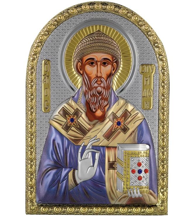 Ікона Св. Спірідон 5х7см срібна  на пластику покрита ємалью, фото 1
