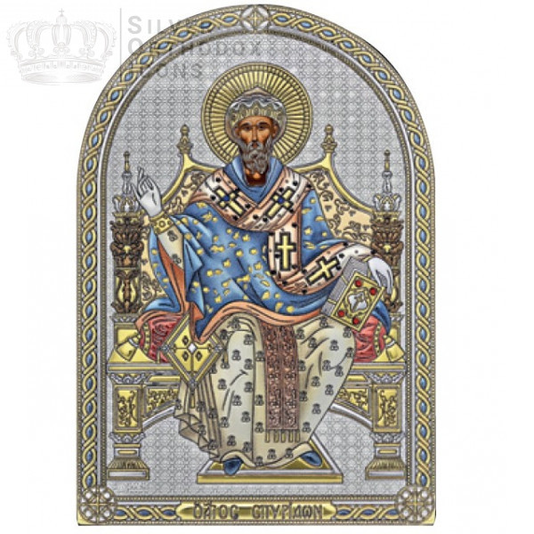 Ікона Святий Спірідон Триміфунтський 5х7см срібна  на пластику покрита ємалью, фото 1