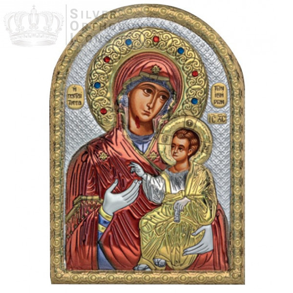 Ікона Іверська ікона Божої Матері 5х7см срібна на пластику покрита ємалью