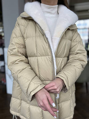 Пухова Куртка Оверсайз із Хутром Норки Беж 077ЛР, фото 3