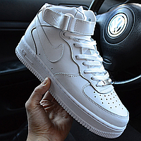 Мужские кроссовки Nike Air Force 1 mid white / Найк Аир Форс высокие белые + Подарок. Живые фото