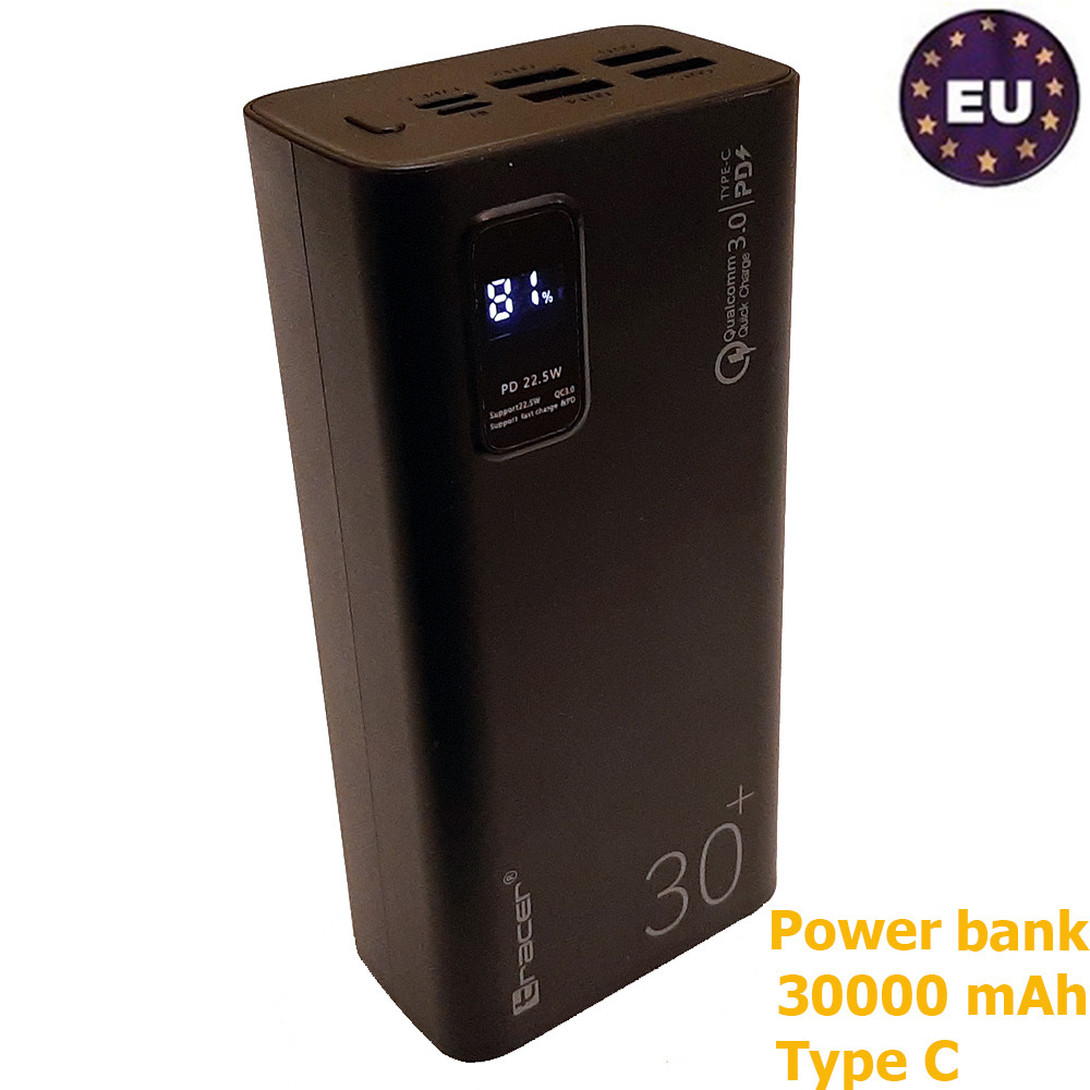 Портативна батарея повербанк powerbank на 30000 mAh, USB, Type C, 22.5w, 4.5A Tracer (Power bank 30000 mAh)