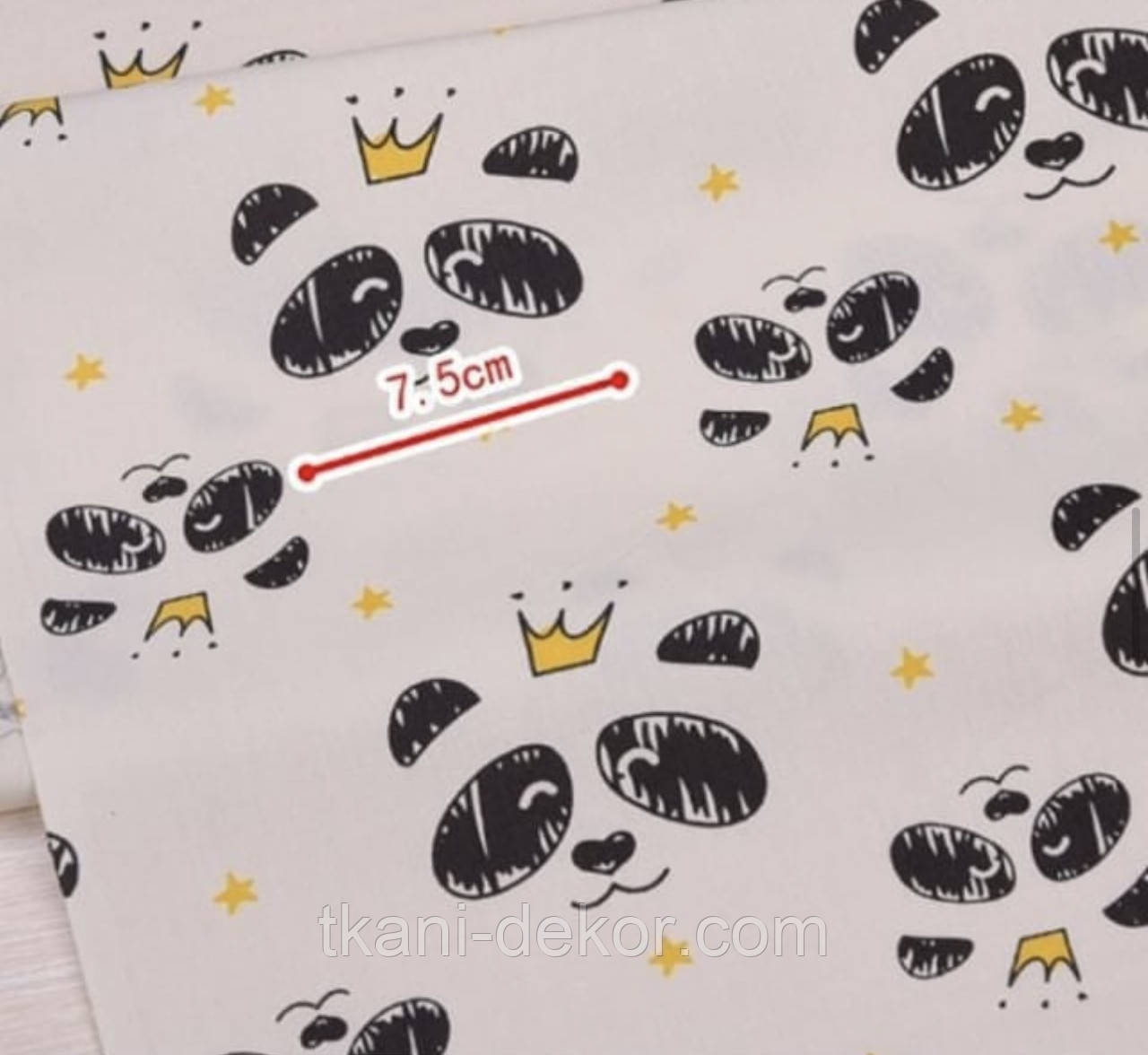 Сатин (бавовняна тканина) панди з короною, фото 1