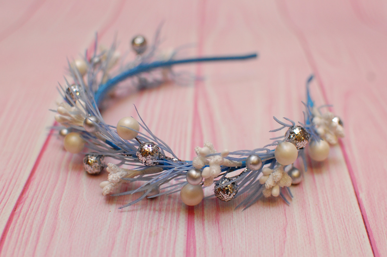 Обруч для волосся / обідок на голову новорічний блакитно-сріблястий метелиця 502, фото 1