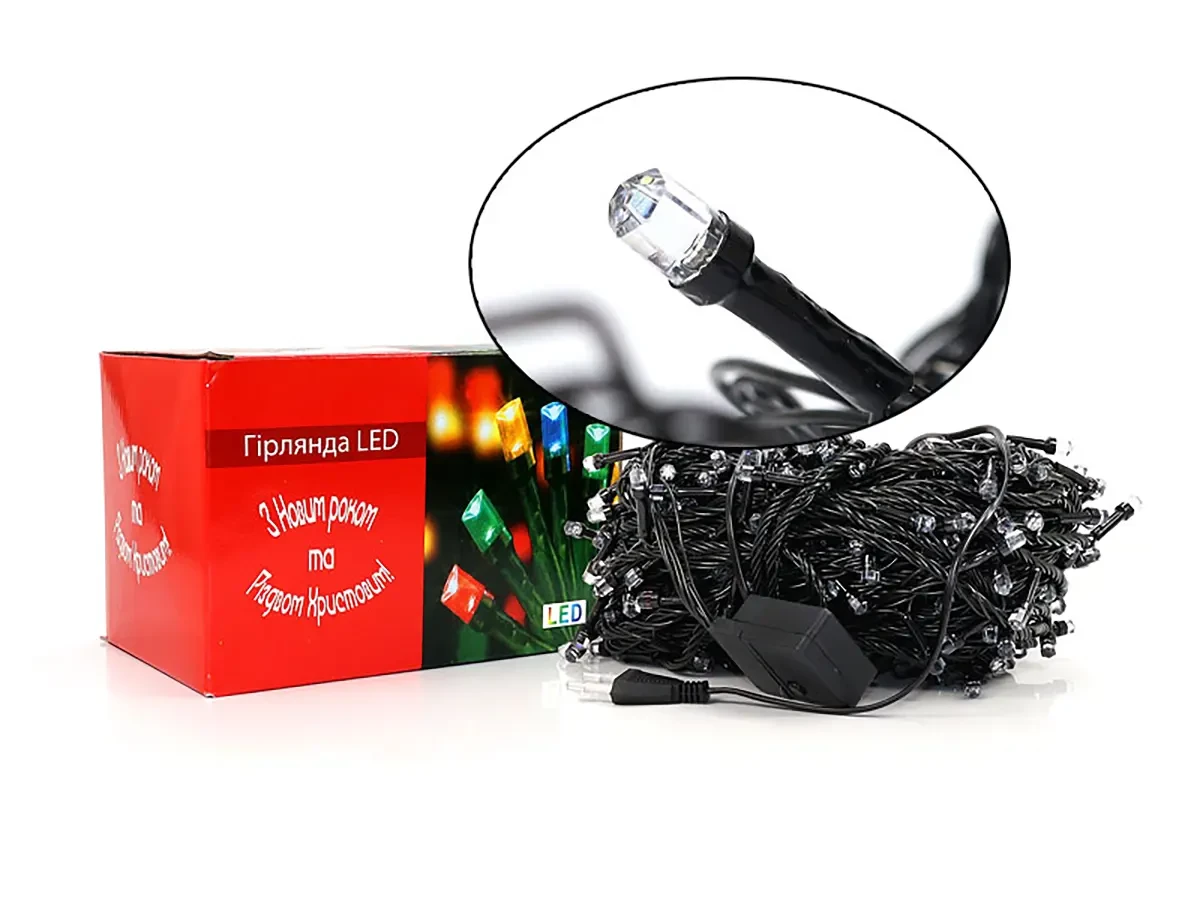 Гірлянда чорний провід лампа Рубінка велика 200LED (білий) LED200W-8 50шт 8640