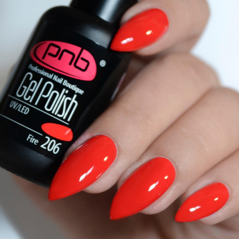 Гель-лак PNB № 206 Fire (вогняний червоний, емаль), 8 мл