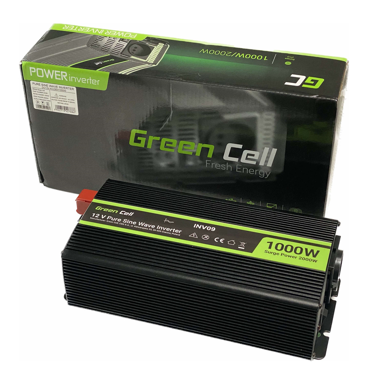 Преобразователь напряжения Green Cell 12В - 230В, 1000Вт / 2000Вт, Чистая синусоида (INV09)