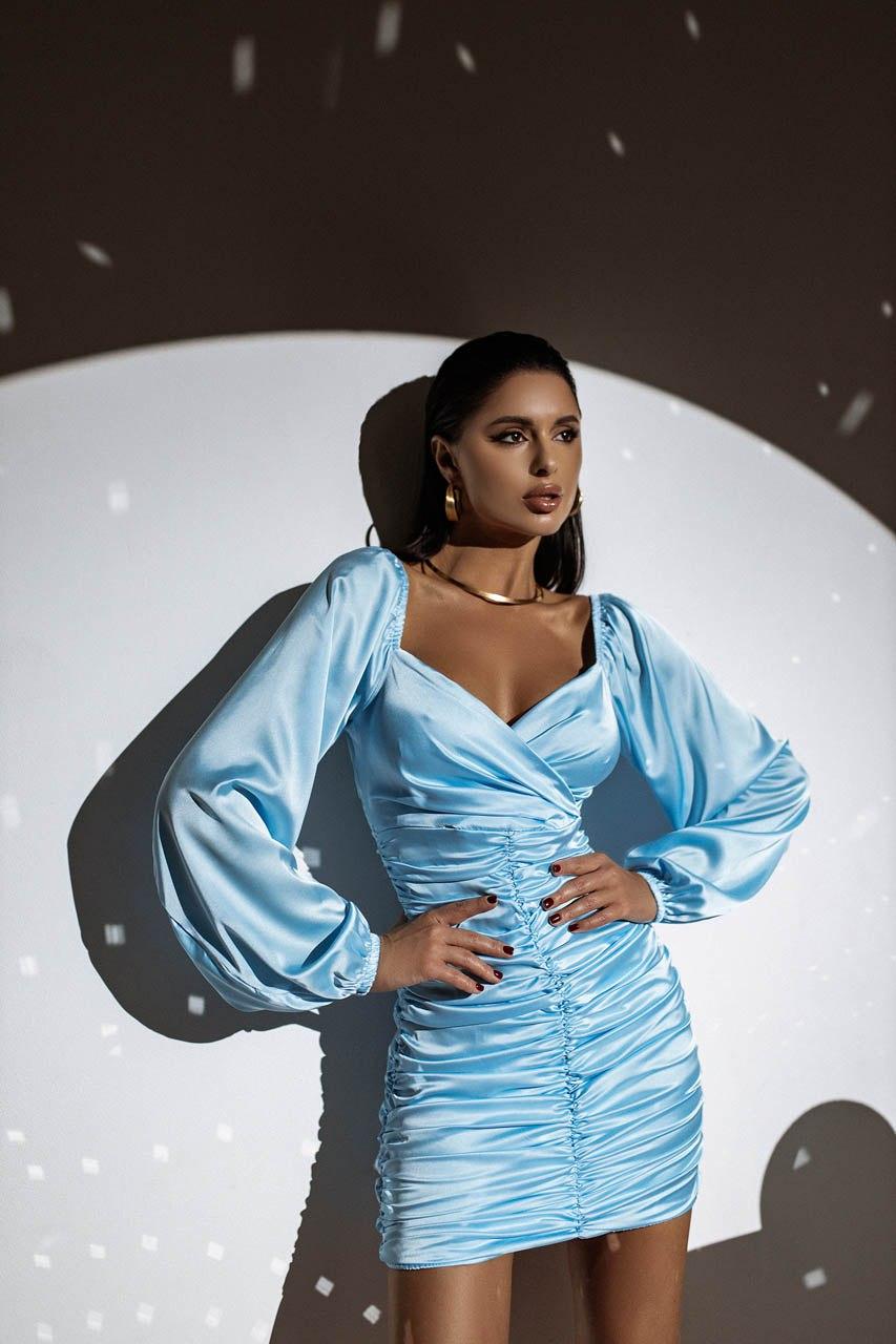 Сукня міні з пишними рукавами із шовку з ефектом на запах Sms7838