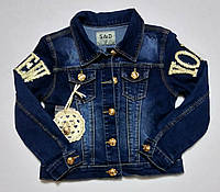 Джинсова синя укорочена куртка для дівчаток з нашивками на рукавах "New York" р 116