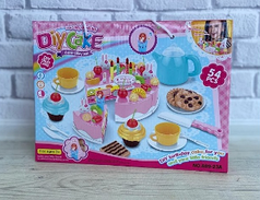 Іграшковий торт на липучках 889-23-24 та посуд для чаювання для ігор із їжею, дитячий набір іграшкової їжі