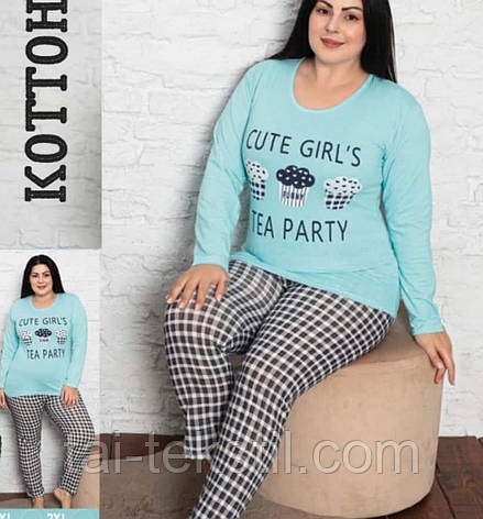 Піжама жіноча футболка з рукавом і брюки коттон 100% (БАТАЛ 1XL-2XL-3XL-4XL) Туреччина, фото 2