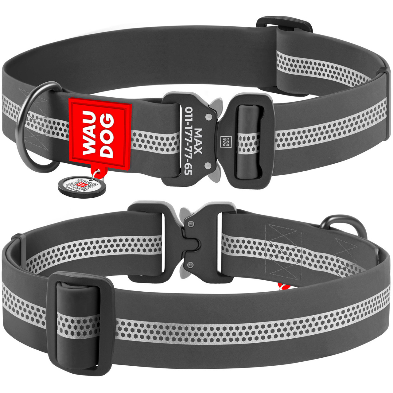 Нашийник Waudog 43-70 см 40 мм світловідбиваючий водовідштовхувальний пряжка метал сірий для собак, фото 1