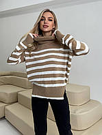 Удлненный вязаный свитер с высоким воротником в полоску (р. 42-46) 4043084