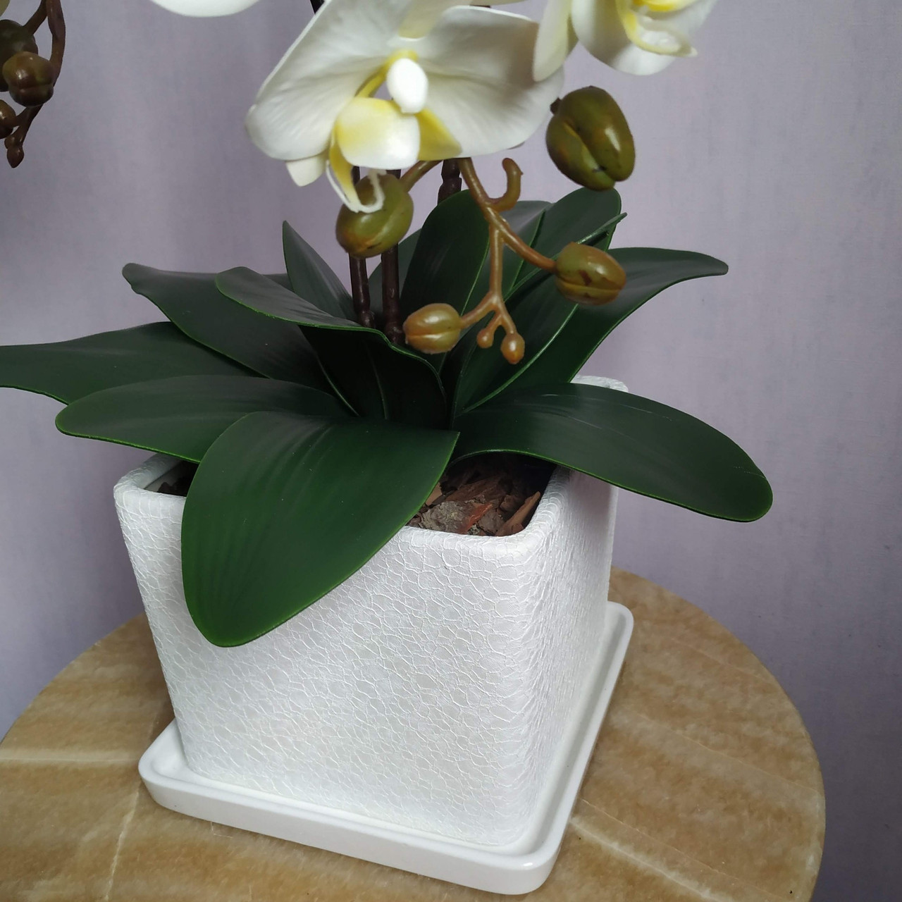 Искусственная латексная орхидея VIP в белом керамическом кашпо на три ветки белая (О3КГ01040103) - фото 4 - id-p1723152800