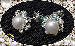 Сережки-гвоздики, пусети з натуральних перлів з фіанітами