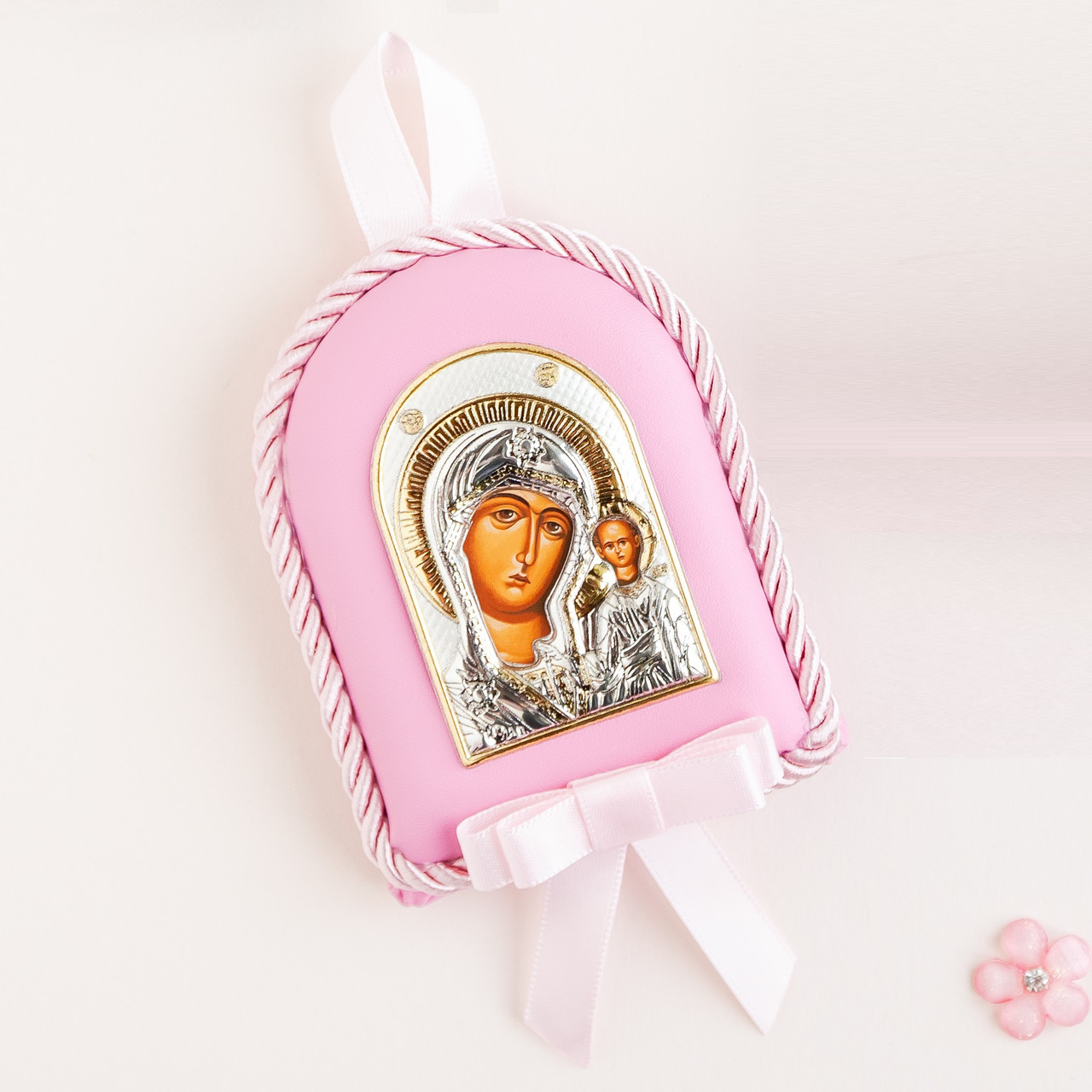 Ікона дитяча Богородиця Казанська арка рожева на колиску для дівчинки