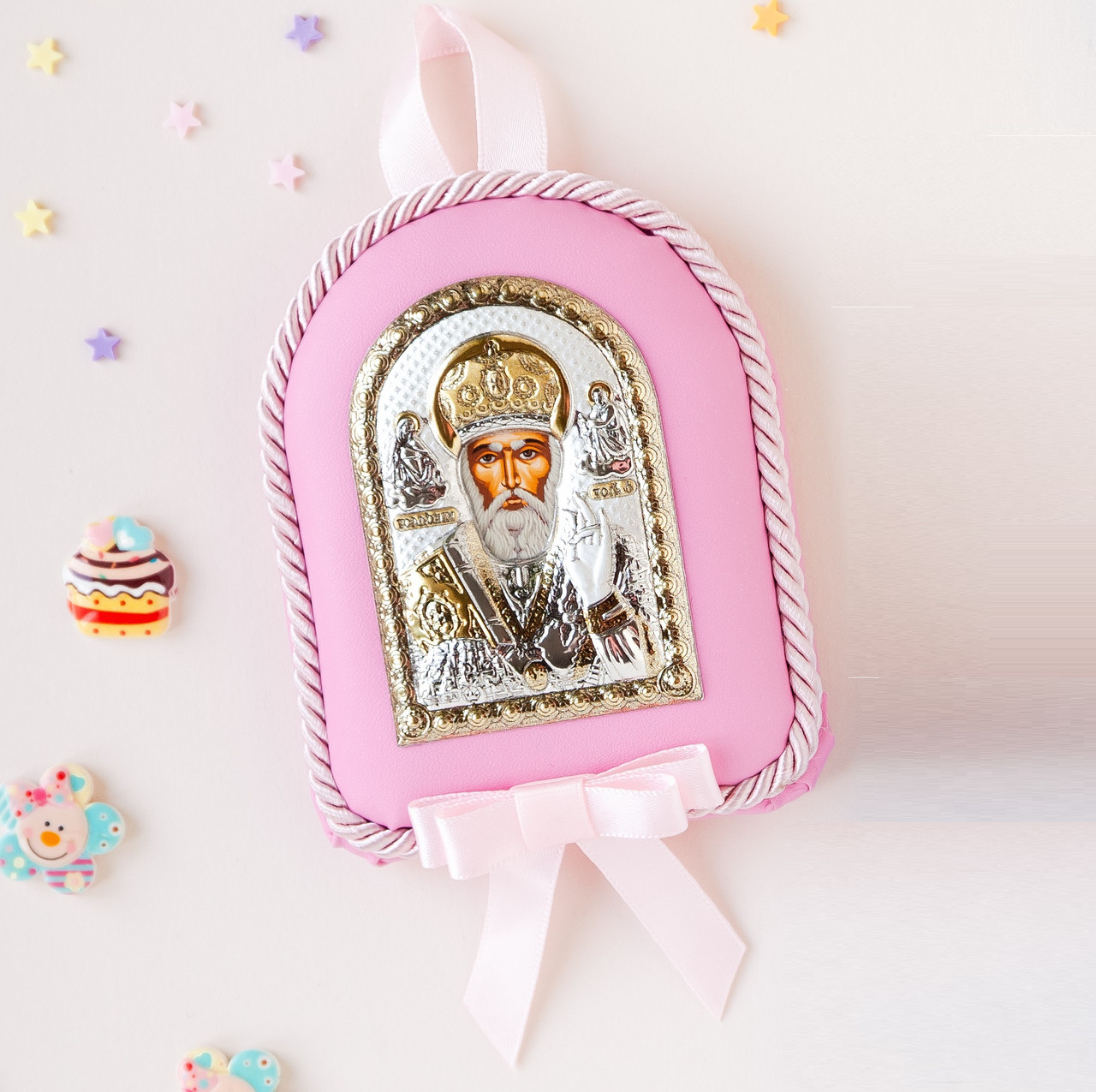 Ікона дитяча Святий Миколай Чудотворець арка рожева на колиску для дівчинки