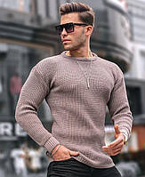 Теплый мужской свитер коричневого цвета оверсайз Турция, мужской вязанный свитер спицами коричневый без горла