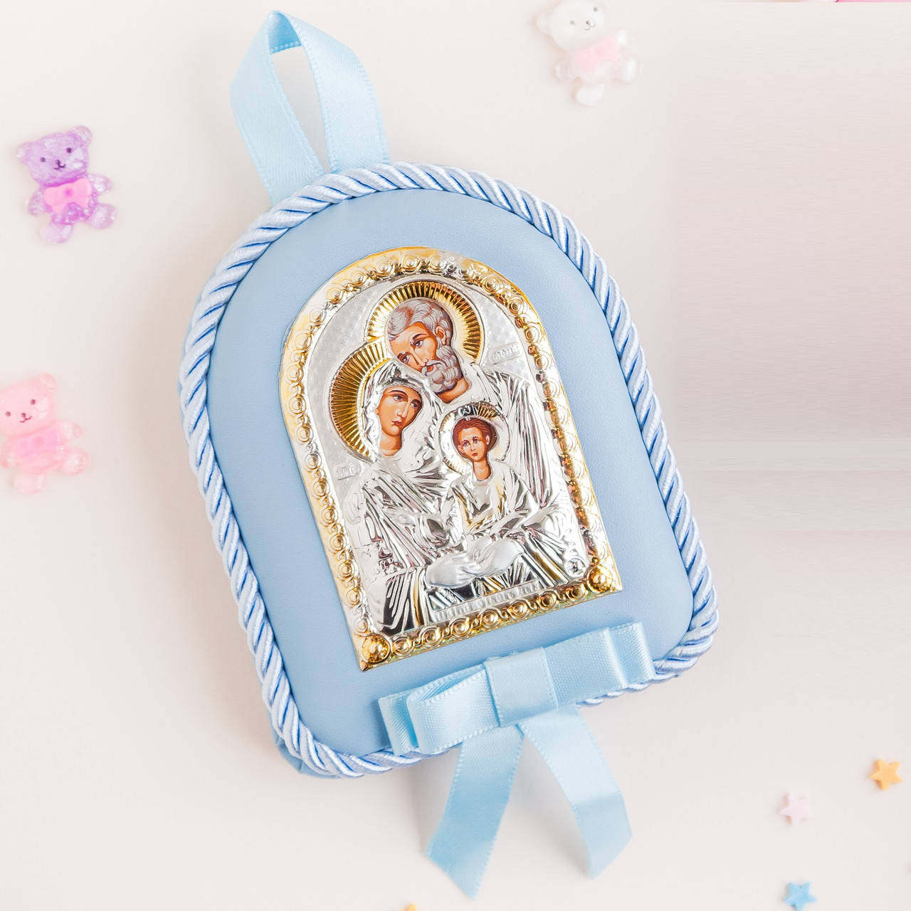 Ікона дитяча Святе Сімейство арка блакитна на колиску для хлопчика