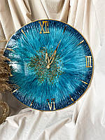 Часы настенные из эпоксидной смолы на стену синие бирюзовые с золотом римскими цифрами зеркальные тихий ход