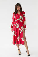 Красивое красное женское элегантное платье с цветами ниже колен 42-48