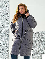 Жіноче тепле стьобане зимове пальто-куртка на синтепоні прямого силуету з капюшоном, батал великі розміри