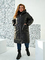 Жіноче тепле стьобане зимове пальто-куртка на синтепоні прямого силуету з капюшоном, батал великі розміри