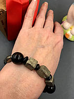 Браслет из натуральных камней агат, гематит, чёрный турмалин с серебряными вставками