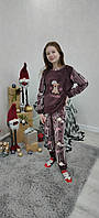 Красивая и стильная теплая детская пижама для девочки (штаны и кофта) флис + махра
