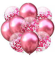 Воздушные шары "Pink chrome", набор - 10 шт., Италия, розовый (хром) + конфетти