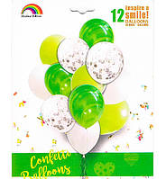 Воздушные шары "Set", набор - 12 шт., цвет - агат, зеленый, белый, прозрачный + конфетти