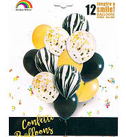 Воздушные шары "Set", 12 шт., цвет - агат, черный, желтый, прозрачный + конфетти