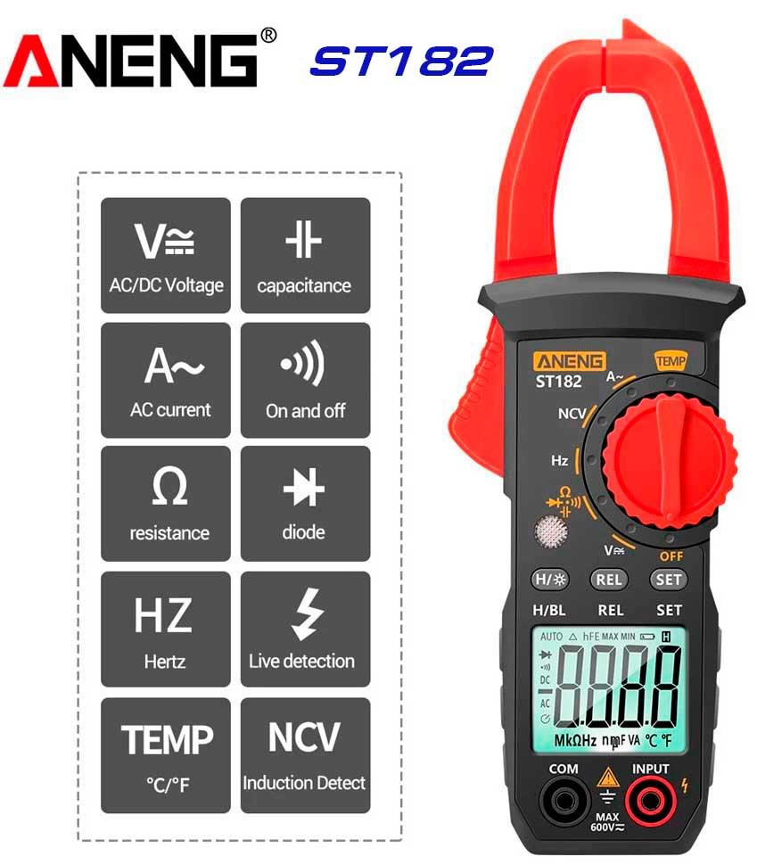 ANENG ST182, струмові кліщі, AC 400A, напруга AC/DC 600В, опір: 40 Ом, ємність: 4мФ, частота: до 4МГц,