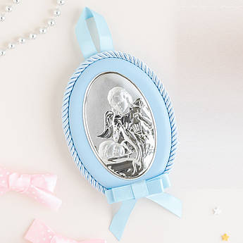 Ікона дитяча Янголя з немовлям овал блакитна для хлопчика