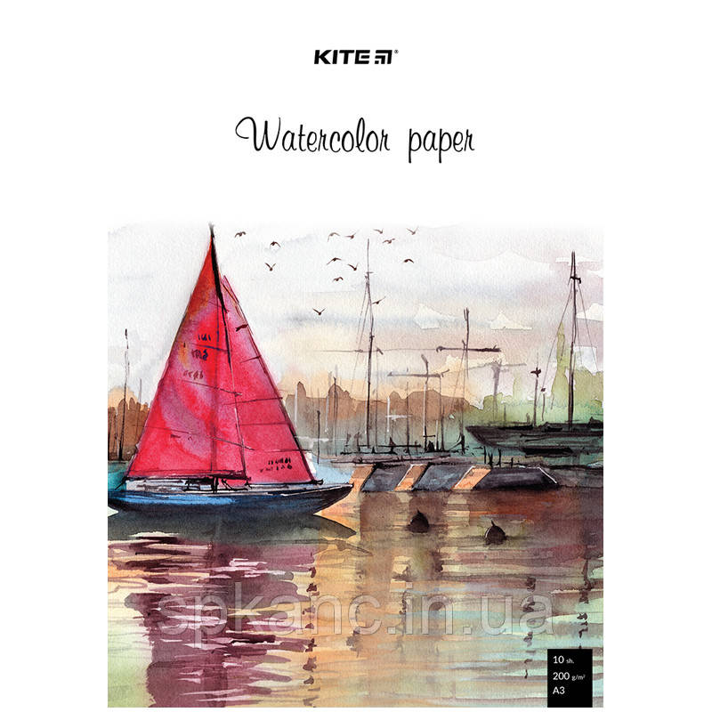 Папір для акварелі А3, 10 аркушів, 200г/м2 k23-268 Кайт