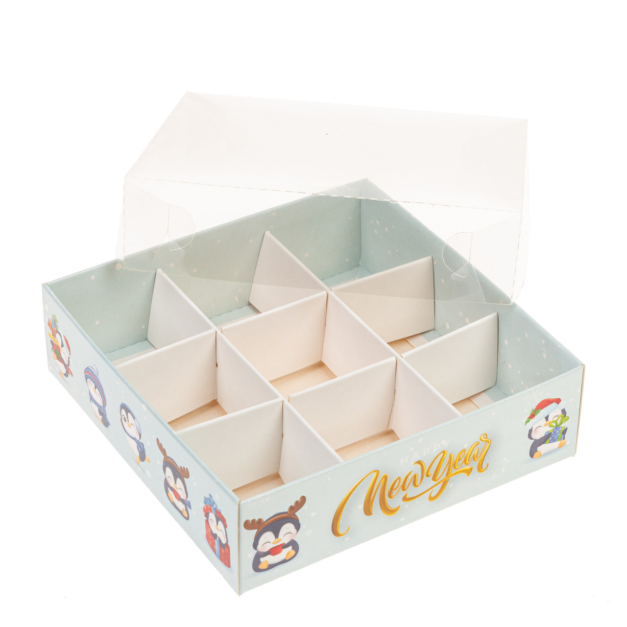 Коробка 120х120х35 (на 9 цукерок) з прозорою кришкою "Пінгвіни", фото 1