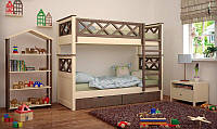 Двоярусне дитяче ліжко зі сходинками та ящиками, дерев'яне ліжко для підлітків Мальта