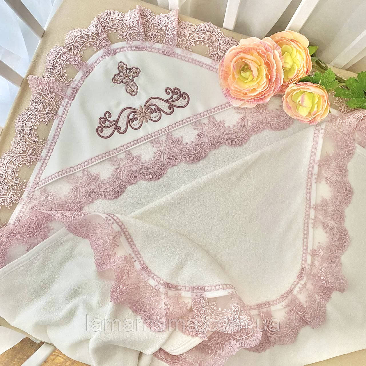 Махрова крижма для хрещення "Світлинка" 80х90 см Махра Молочний/Пудра Betis, фото 1