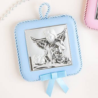 Ікона дитяча Янголя з немовлям квадрат блакитна для хлопчика