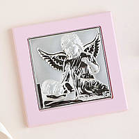 Икона детская Ангел с младенцем квадрат рамка розовая для девочки