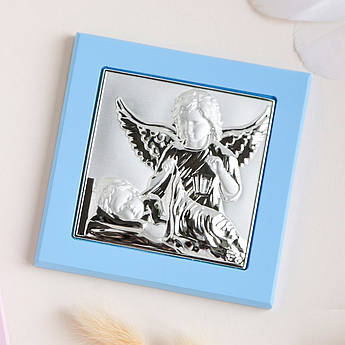 Ікона дитяча Янголя з немовлям квадрат рамка блакитна для хлопчика