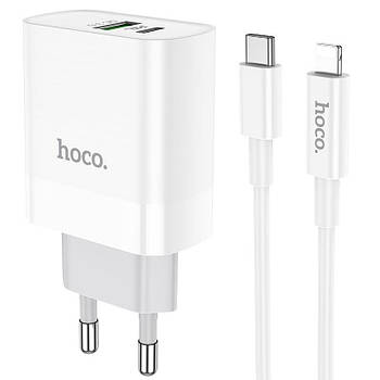 Мережевий зарядний пристрій Hoco C80A PD20W + QC3.0 и кабель Type-C - Lightning White