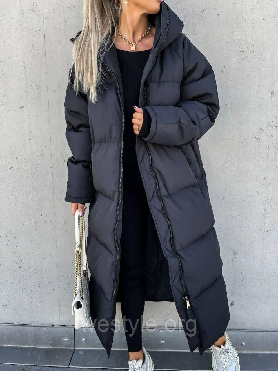 Куртка жіноча оверсайз довга дута з капюшоном зимова — 011 чорний колір