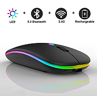 Беспроводная бесшумная мышь светодиодной RGB подсветкой аккумуляторная Bluetooth + 2.4 ГГц тихая. Черная