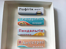 Набір: 4 шоколадки для підняття настрою " Антістрес, Роздуплін, Пофігін, Пендальгін" у подарунковій коробці