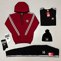 Набор Adidas Спортивный костюм на флисе + Шапка + Футболка + Носки Комплект мужской зимний 5 в 1 Адидас бордо