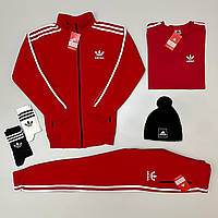Спортивный костюм мужской зимний Adidas + Шапка + Футболка + Носки Комплект зимний Набор 5 в 1 Адидас красный